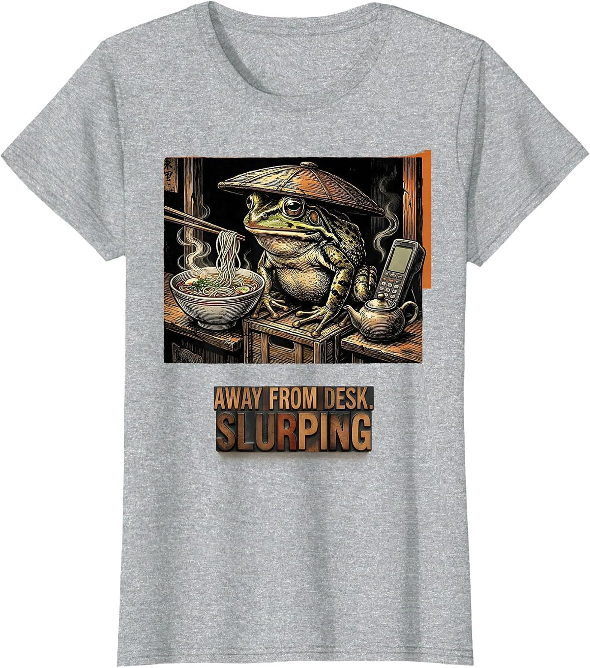 Away From Desk Slurping Funny Grumpy Frog Ramen Phone Scroll T-Shirt - Heather Grey