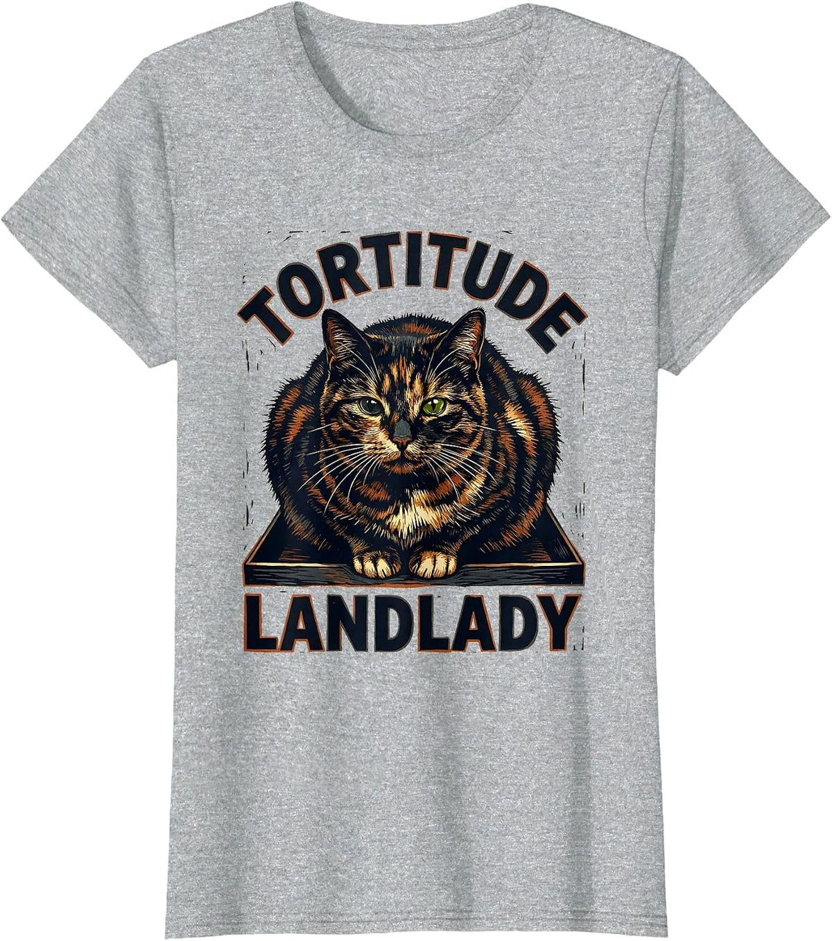 Tortitude Landlady Linocut Tortoiseshell Cat Owner Humor T-Shirt - Heather Grey