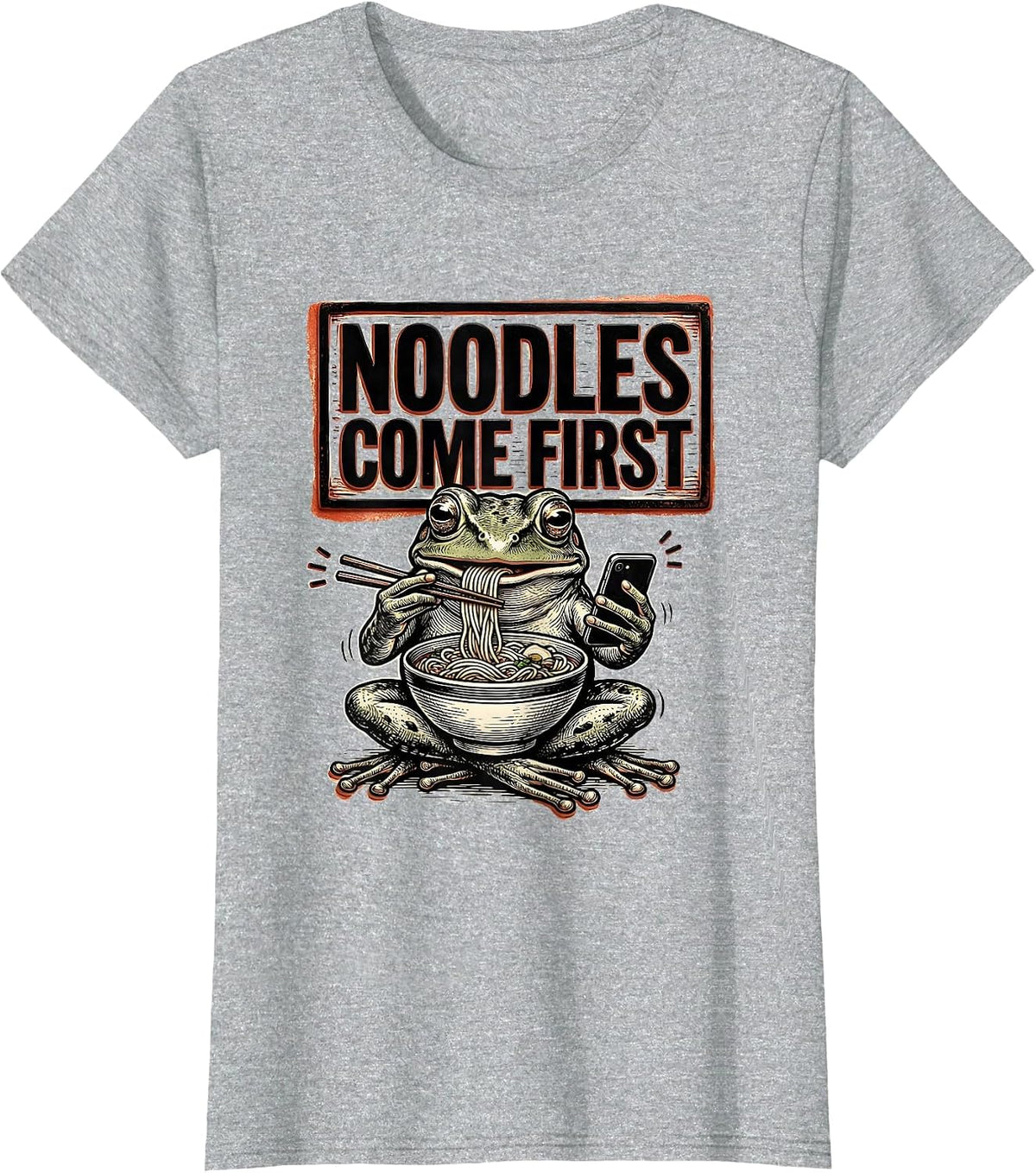 Women's Noodles Come First Funny Grumpy Frog Japanese Art Ramen T-Shirt - Heather Grey