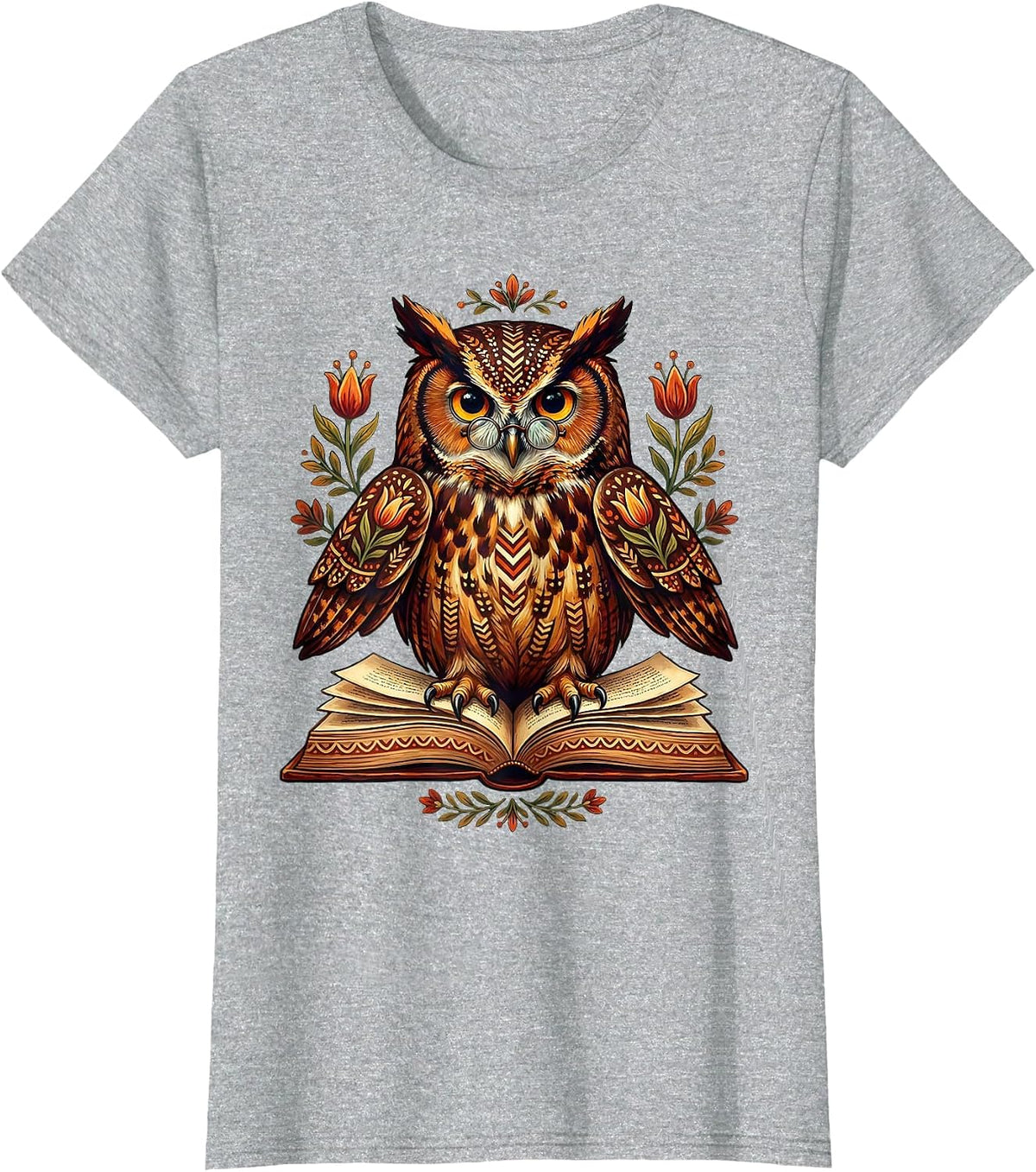 Wise Owl Reading Book With Glasses Illustration T-Shirt - Heather Grey