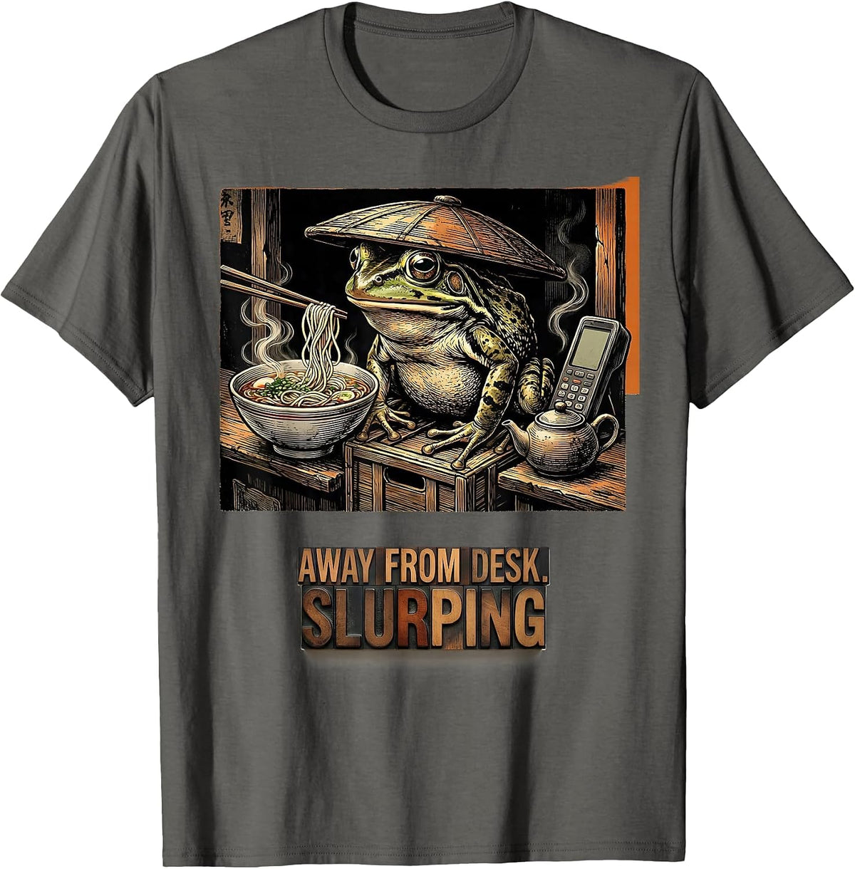 Away From Desk Slurping Funny Grumpy Frog Ramen Phone Scroll T-Shirt - Asphalt Grey