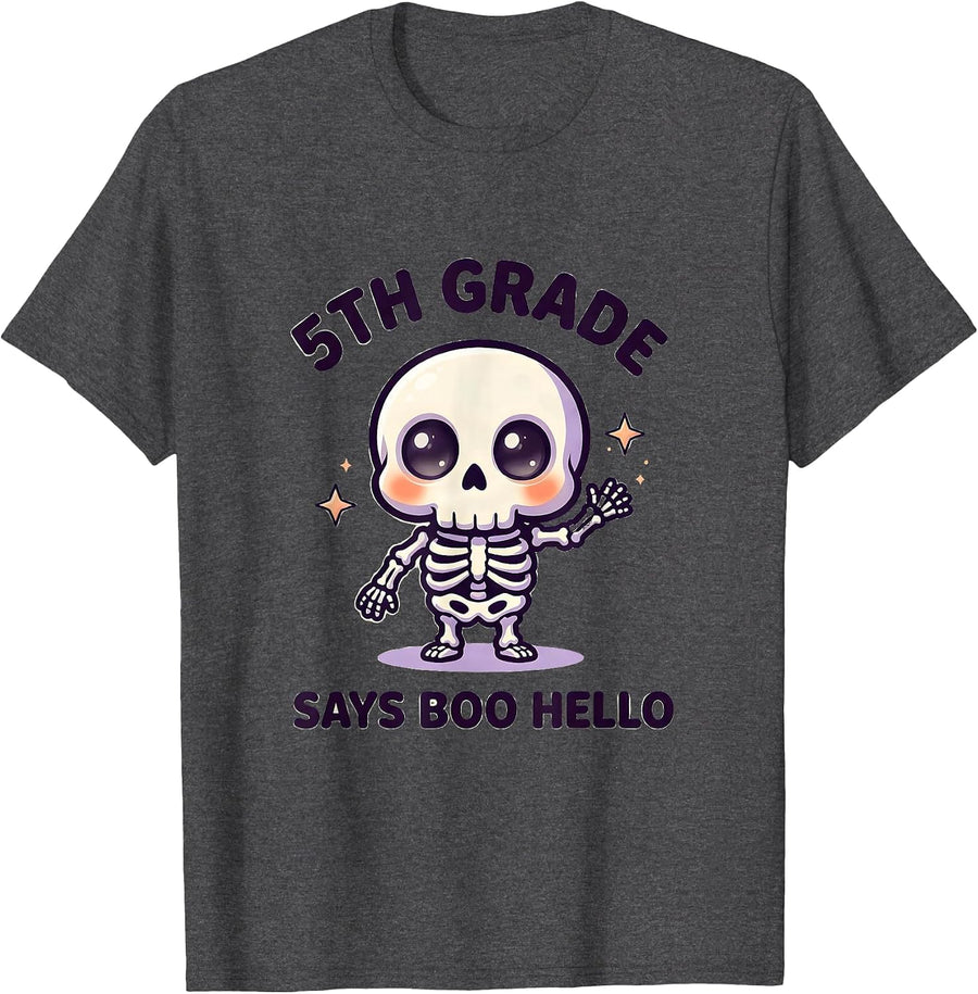 Men's 5th Grade Says Boo Hello Cute Kawaii Halloween Teacher T-Shirt - Dark Heather Grey