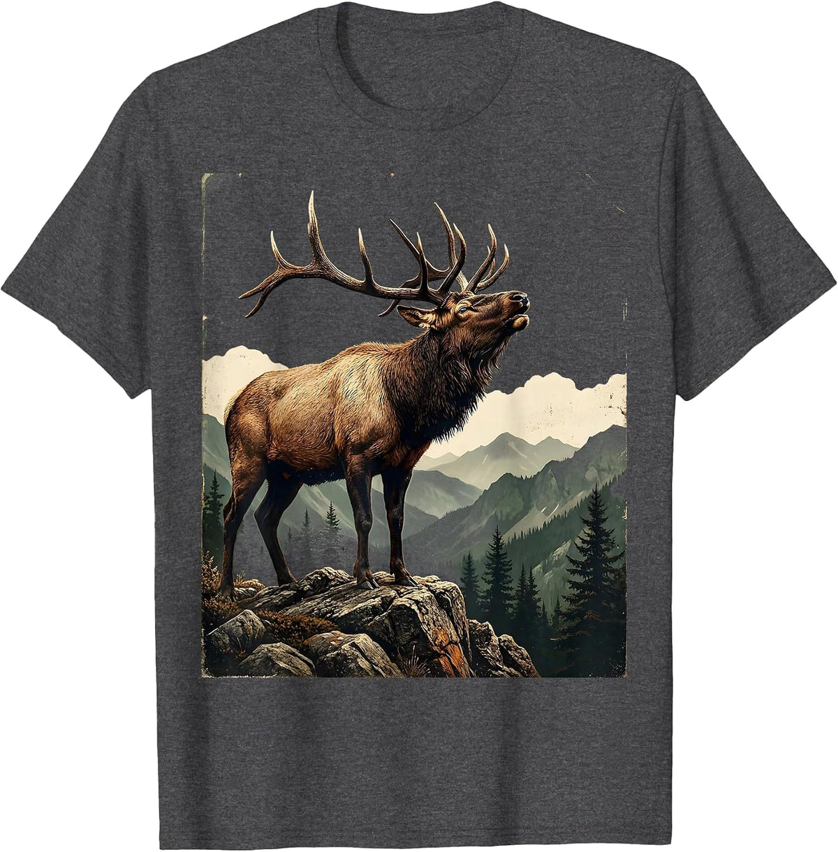 Men's Elk Bugling on Rocky Mountain Ridge T-Shirt - Dark Heather Grey