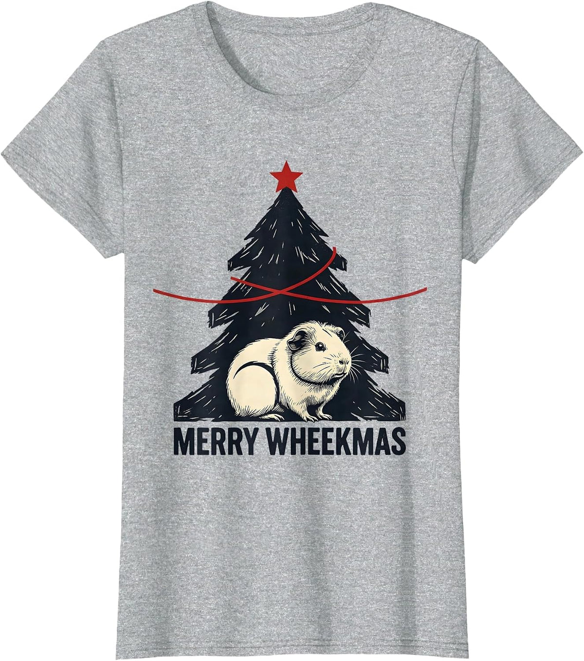 Women's Merry Wheekmas Linocut Guinea Pig Christmas Pet Lover Humor T-Shirt - Heather Grey