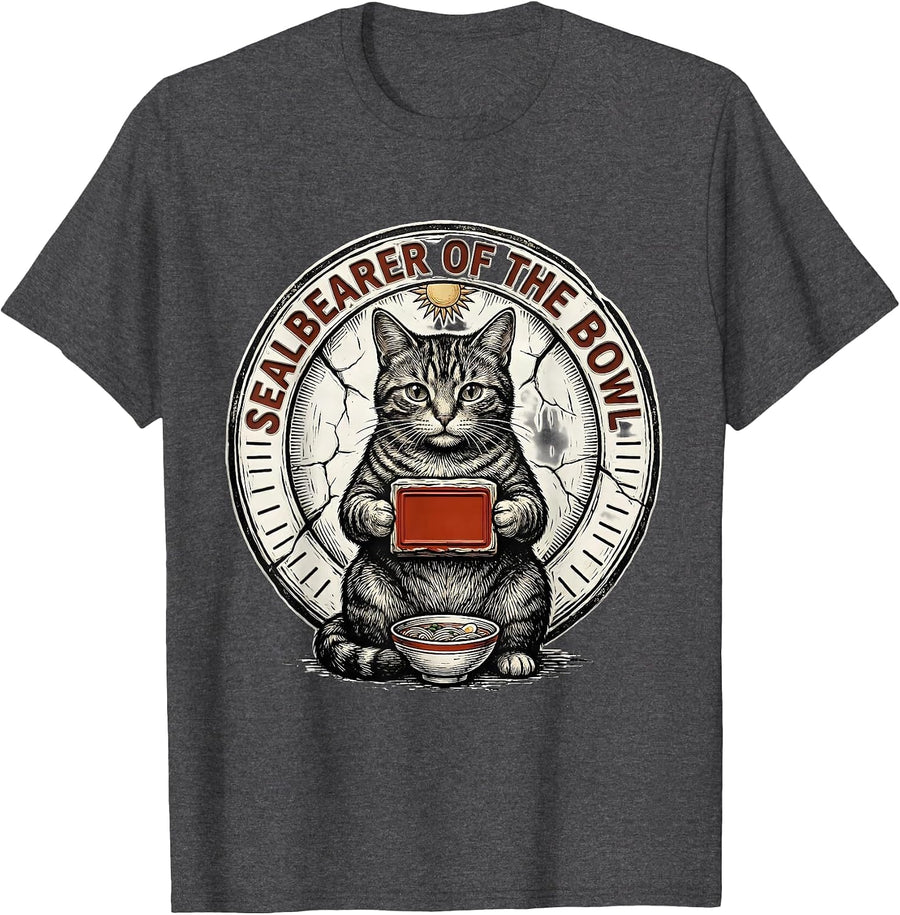 Men's Sealbearer of the Bowl Vintage Japanese Kaiju Cat Art Ramen T-Shirt - Dark Heather Grey