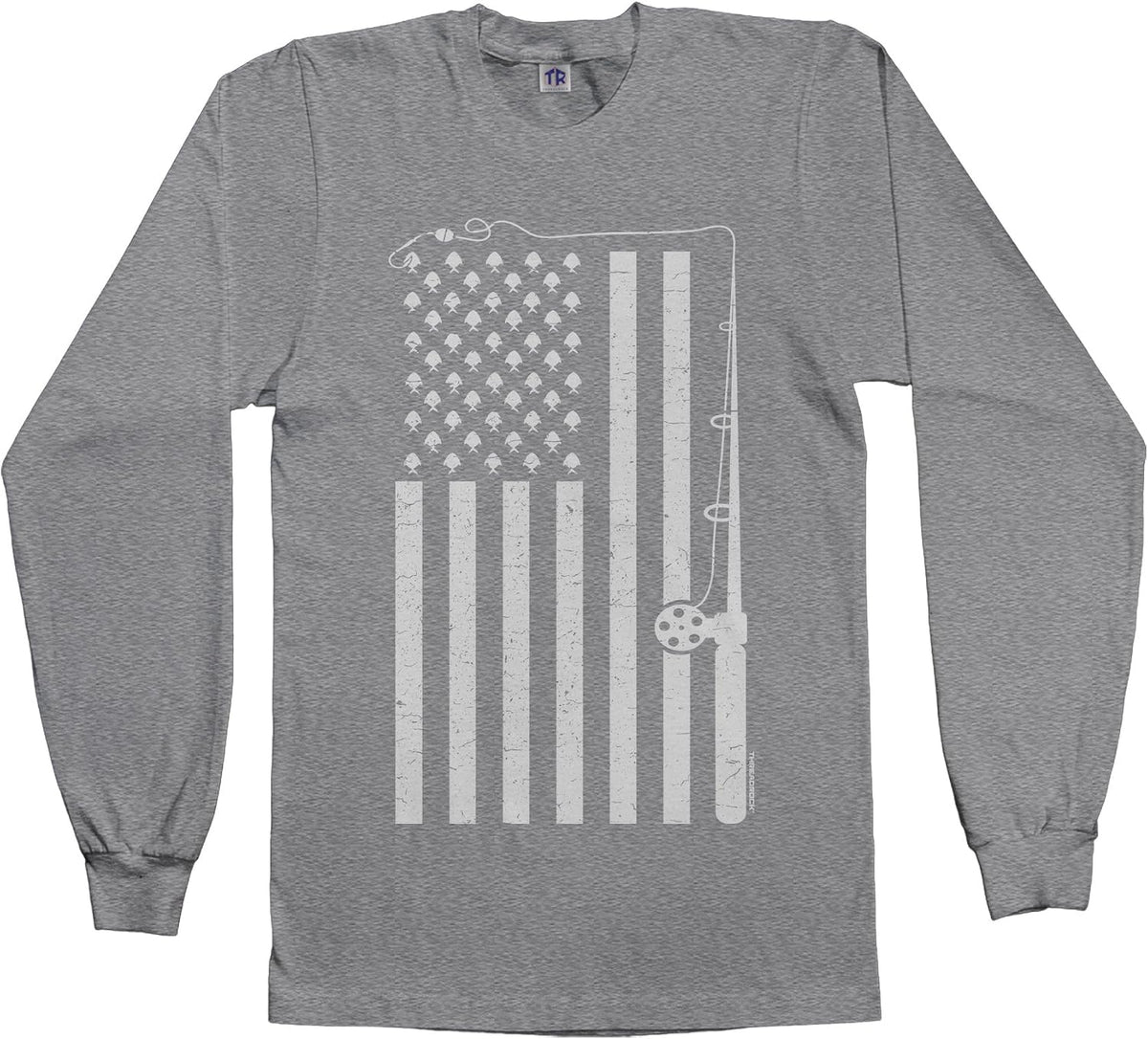 Threadrock Men's Fishing American Flag Long Sleeve T-Shirt - Sport Gray