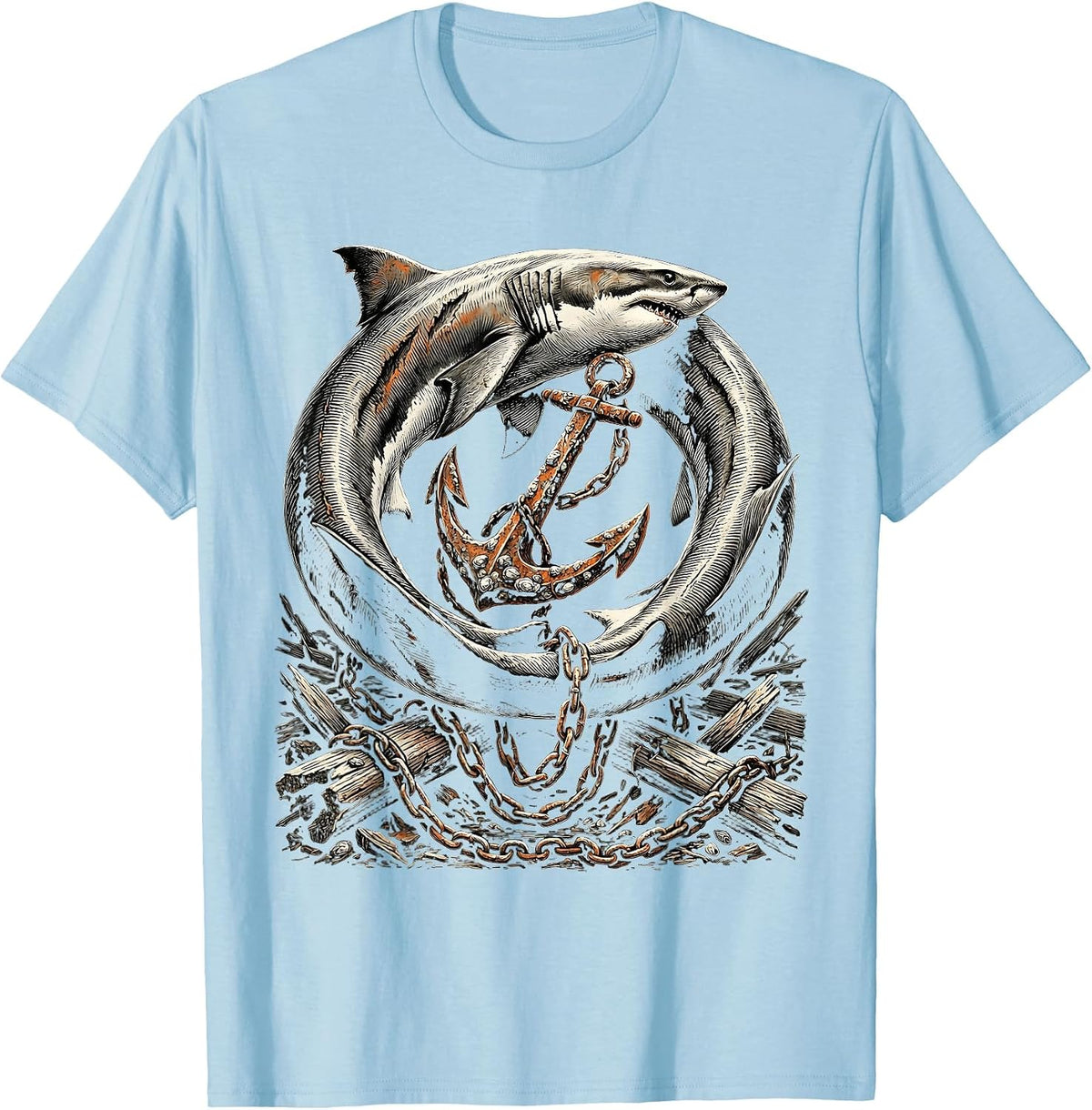 Men's Bull Shark Circling Shipwreck Anchor Graphic T-Shirt - Baby Blue