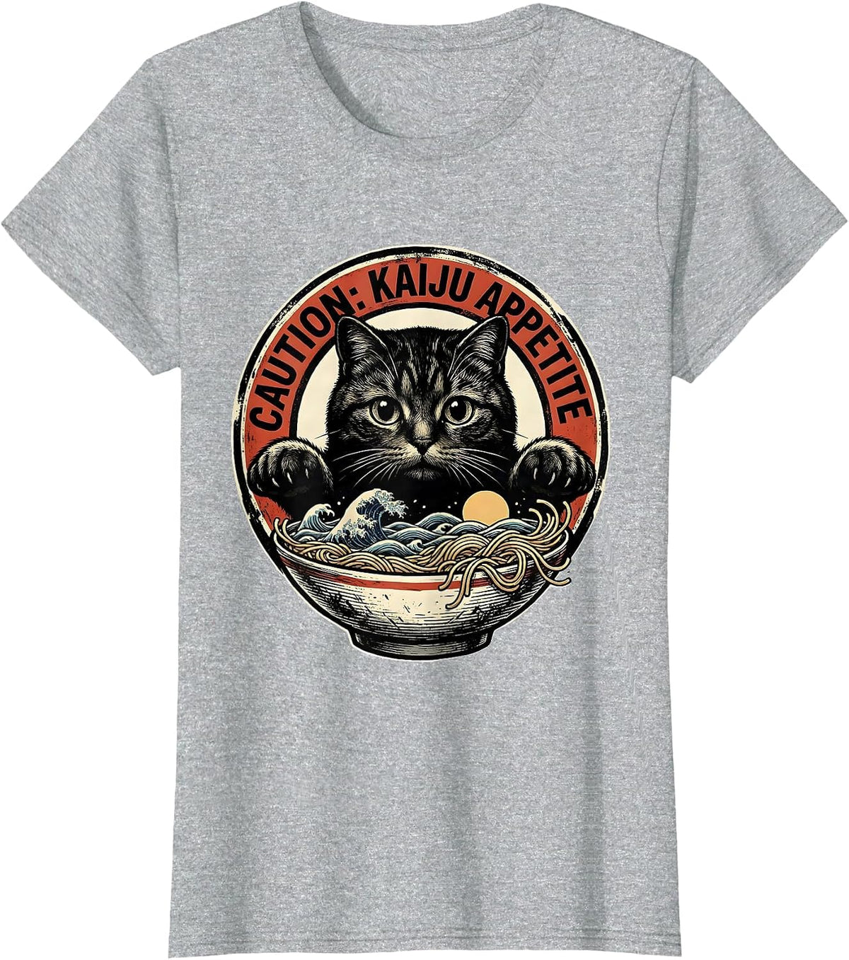 Caution: Kaiju Appetite Playful Japanese Cat Anime Ramen Art T-Shirt - Heather Grey