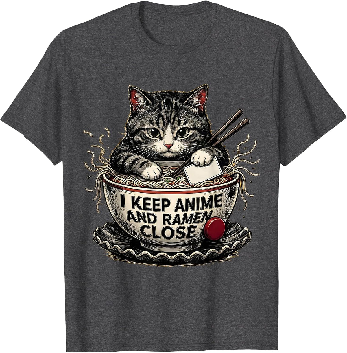 Men's I Keep Anime And Ramen Close Kawaii Cat Anime Gift T-Shirt - Dark Heather Grey