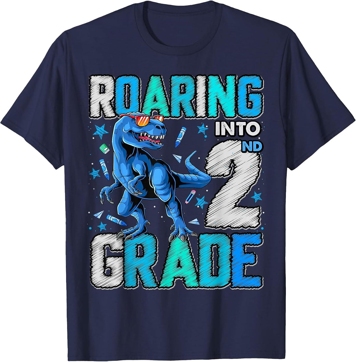 Roaring Into 2nd Grade Dinosaur T Rex Back to School Boys T-Shirt - Navy Blue