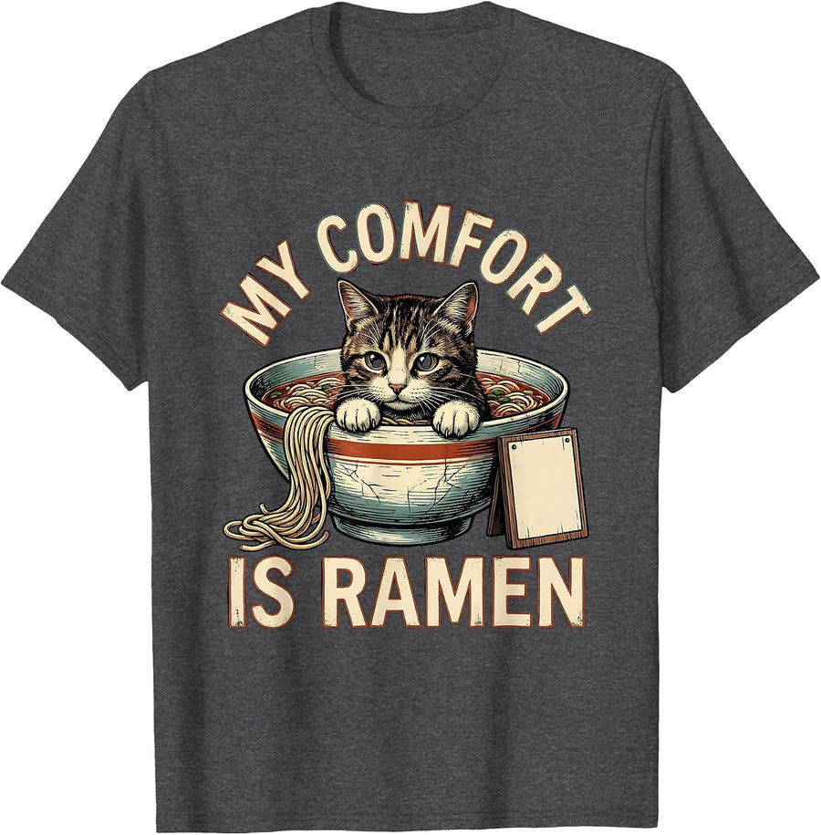 Men's My Comfort Is Ramen Distressed Funny Cat Anime Kawaii Gift T-Shirt - Dark Heather Grey