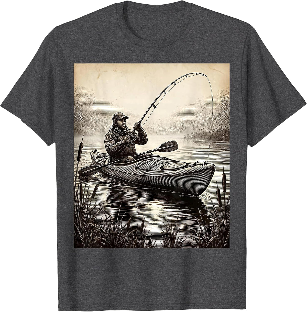 Kayak Fishing Foggy River Casting Illustration T-Shirt - Dark Heather Grey