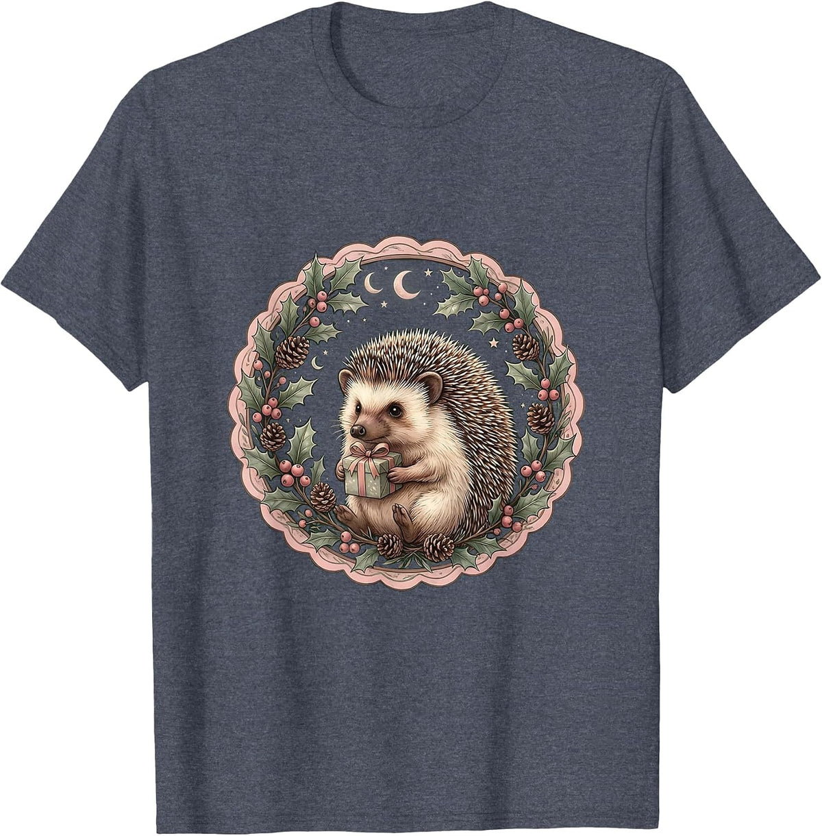 Christmas Hedgehog Carrying a Tiny Wrapped Gift T-Shirt - Heather Blue