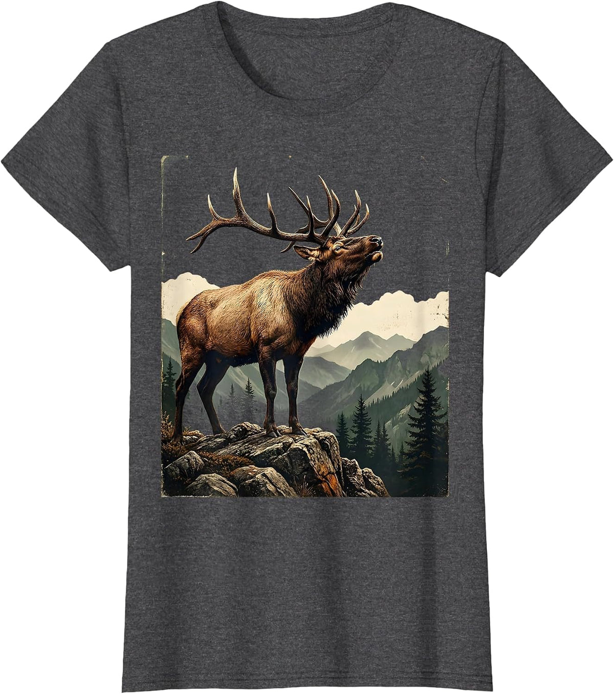 Women's Elk Bugling on Rocky Mountain Ridge T-Shirt - Dark Heather Grey