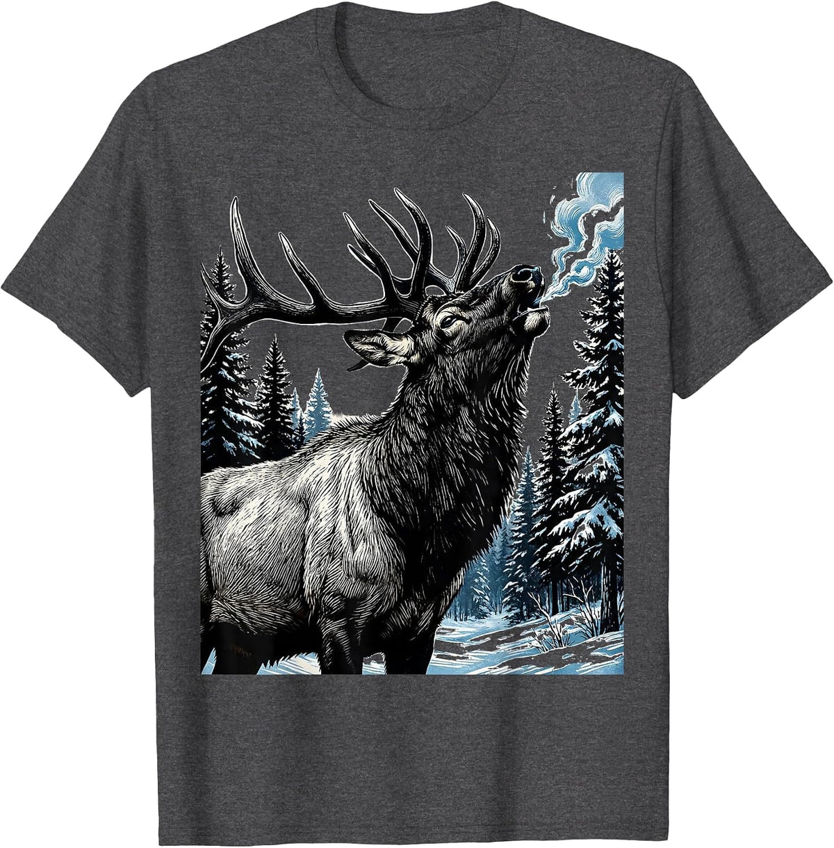 Elk Bugling in Snowy Pine Forest Illustration T-Shirt - Dark Heather Grey