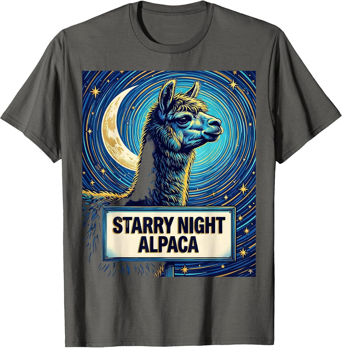 Men's Starry Night Alpaca Pop Art Alpaca Lover Van Gogh Style T-Shirt - Asphalt Grey