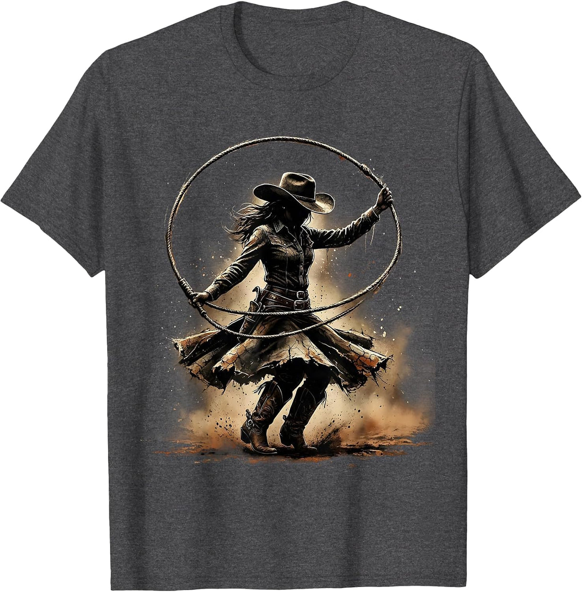 Cowgirl Twirling Lasso Western Rodeo Graphic T-Shirt - Dark Heather Grey