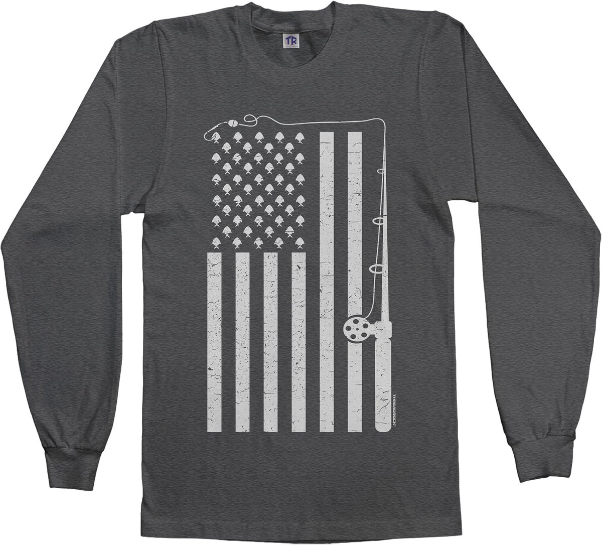 Threadrock Men's Fishing American Flag Long Sleeve T-Shirt - Dark Heather