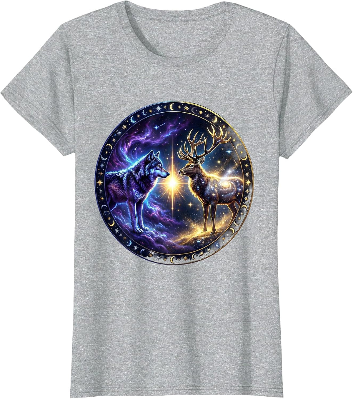Wolf and Elk Standoff Wildlife Graphic T-Shirt - Heather Grey