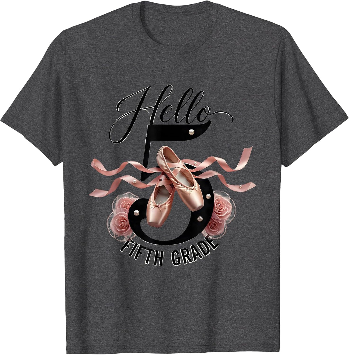 Men's Hello Fifth Grade Balletcore Graphic Back to School Coquette T-Shirt - Dark Heather Grey