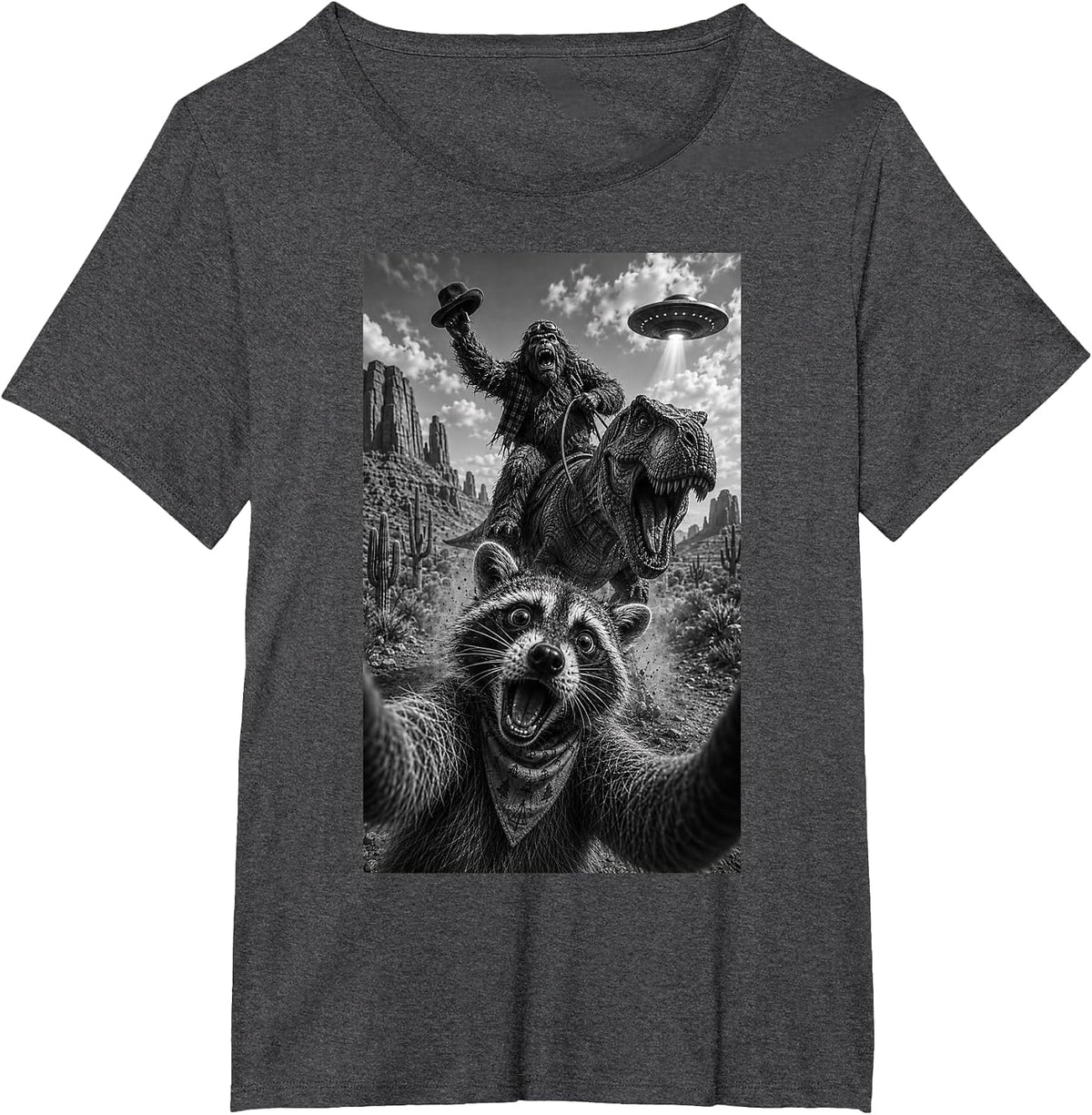 Raccoon Bigfoot T-Rex UFO Selfie T-Shirt - Dark Heather Grey
