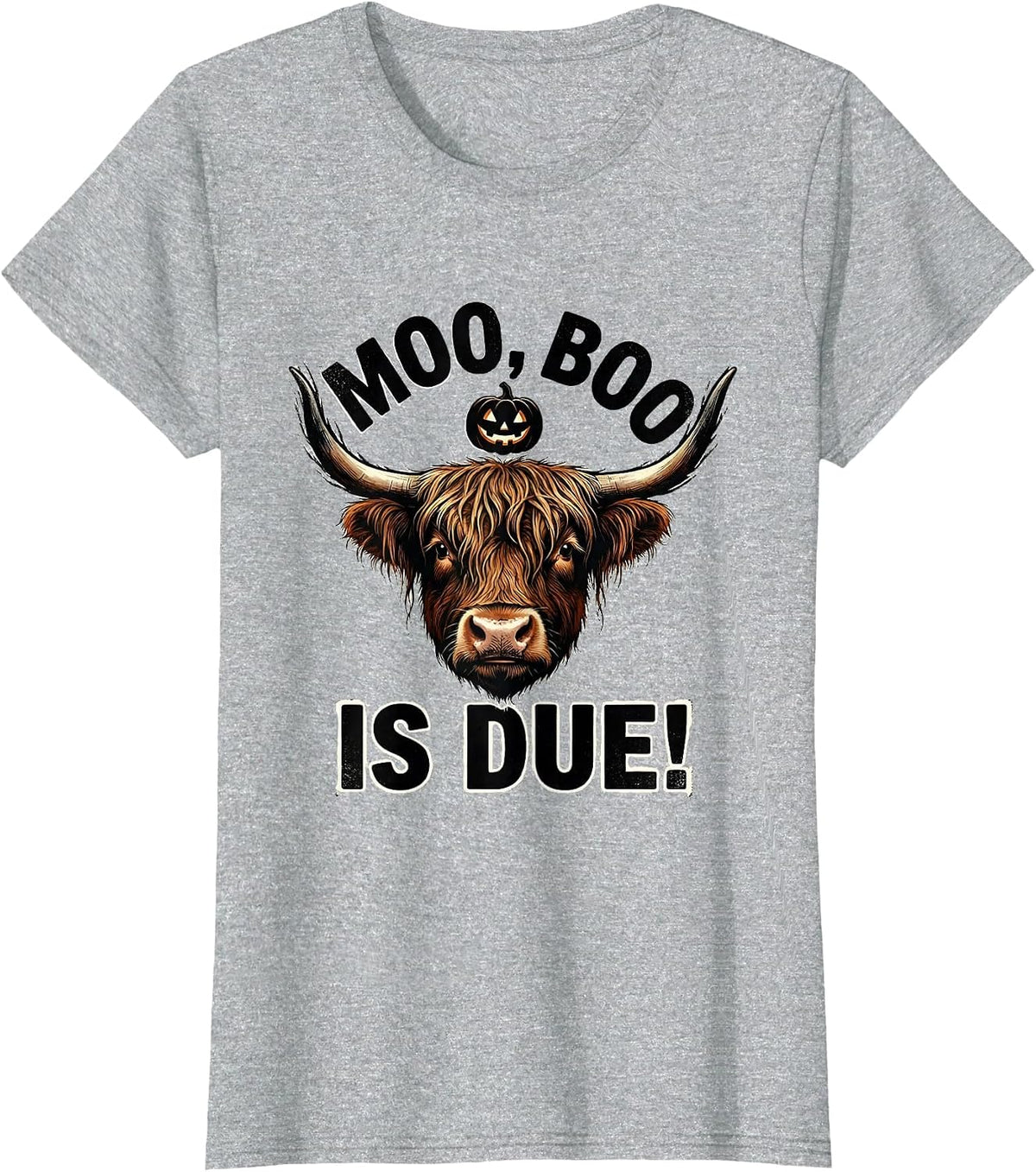 Moo, Boo Is Due! Whimsical Highland Cow Halloween Fall Humor T-Shirt - Heather Grey