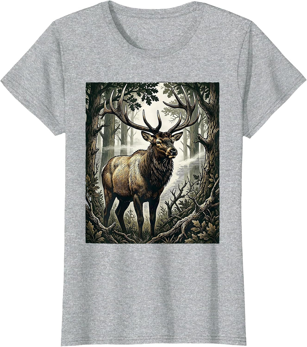 Bull Elk in Misty Camo Woods Illustration T-Shirt - Heather Grey
