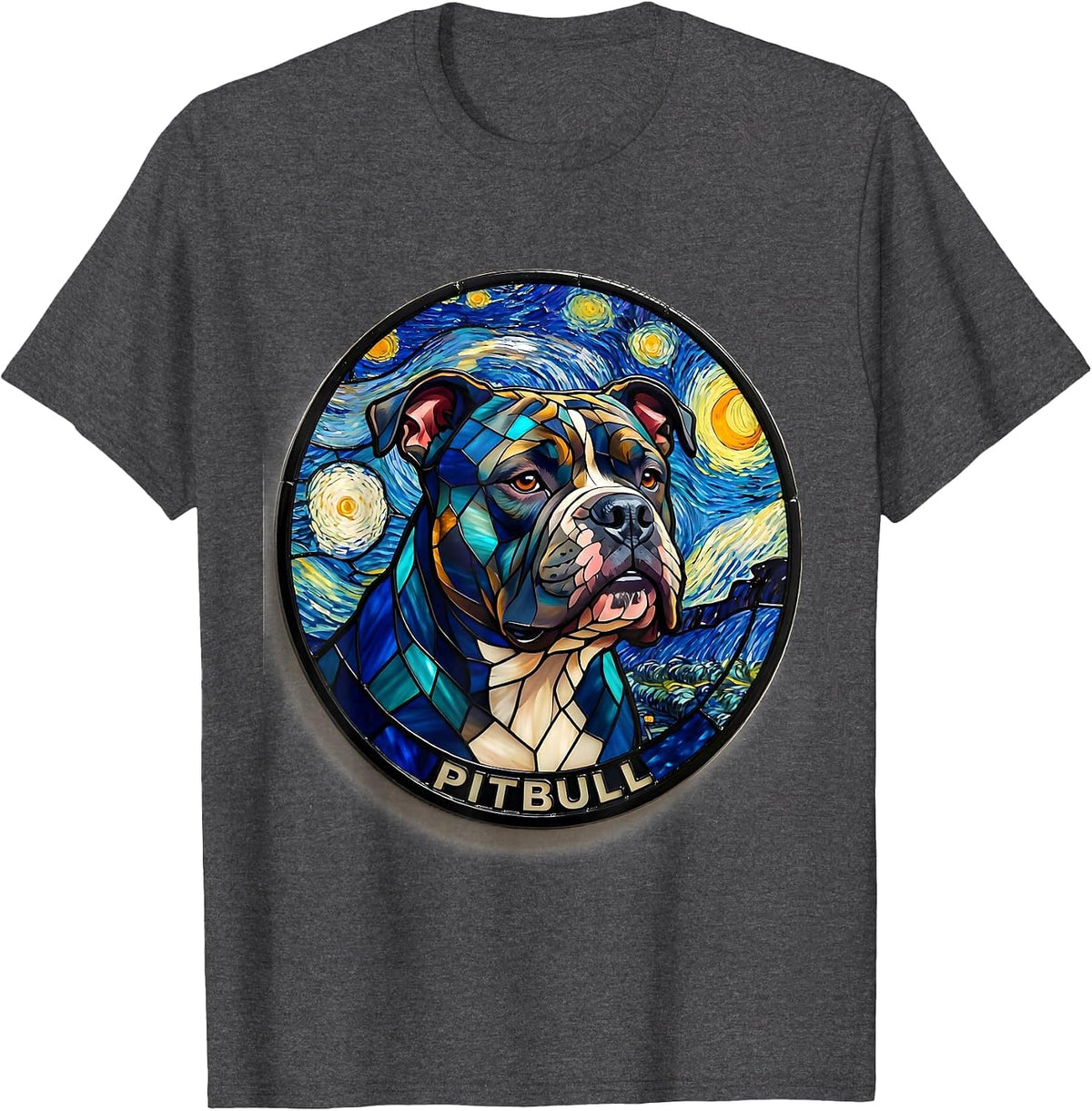 Pitbull Dog Van Gogh Style Starry Night Art Tribute T-Shirt - Dark Heather Grey