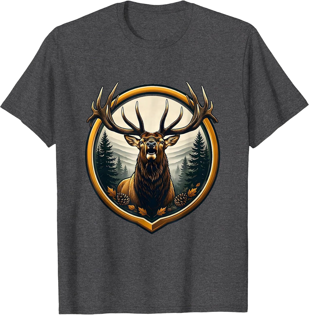 Men's Elk Bugling in Foggy Pine Forest Fall Design T-Shirt - Dark Heather Grey