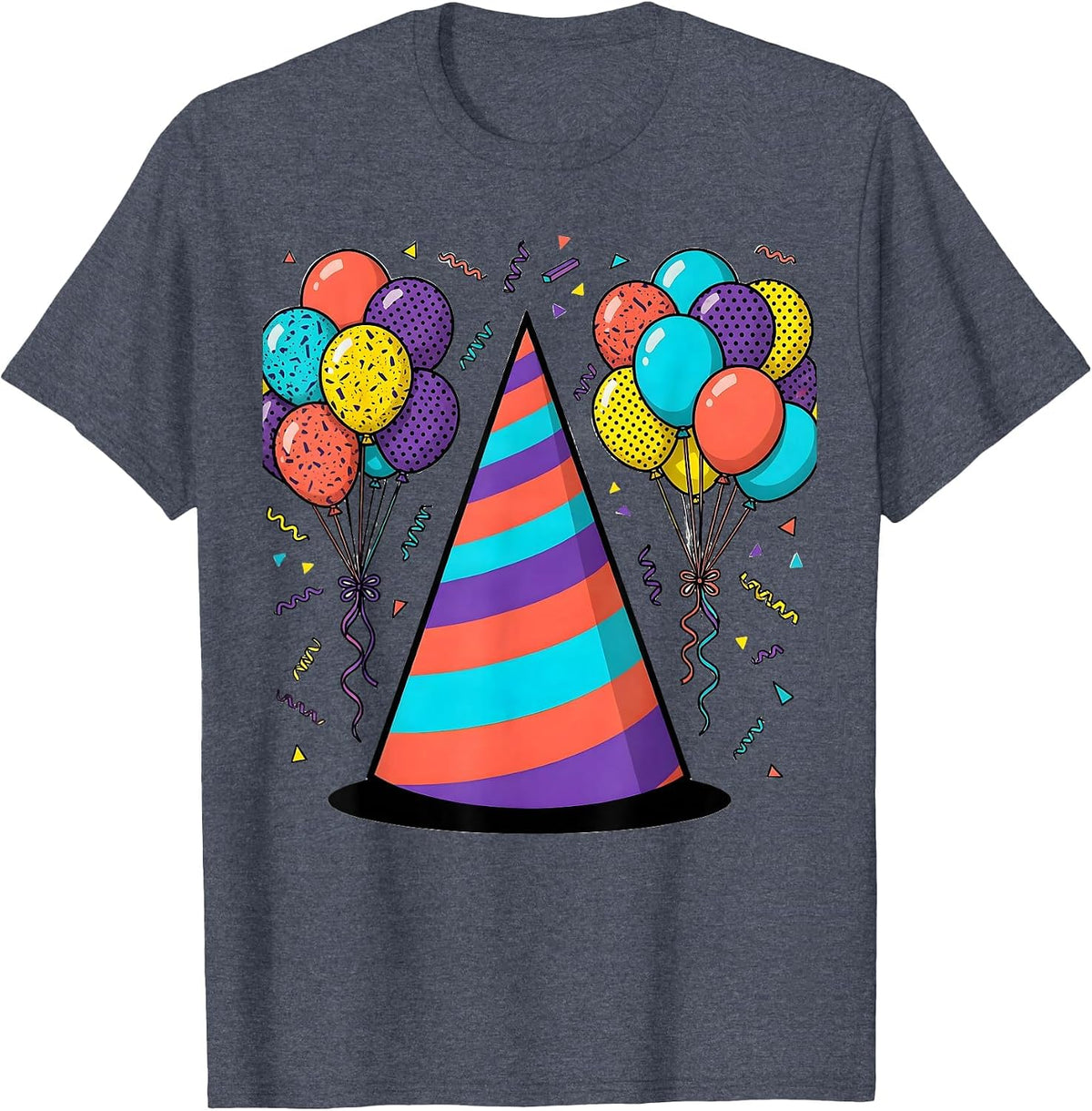 Party Hat and Balloons Celebration Graphic T-Shirt - Heather Blue