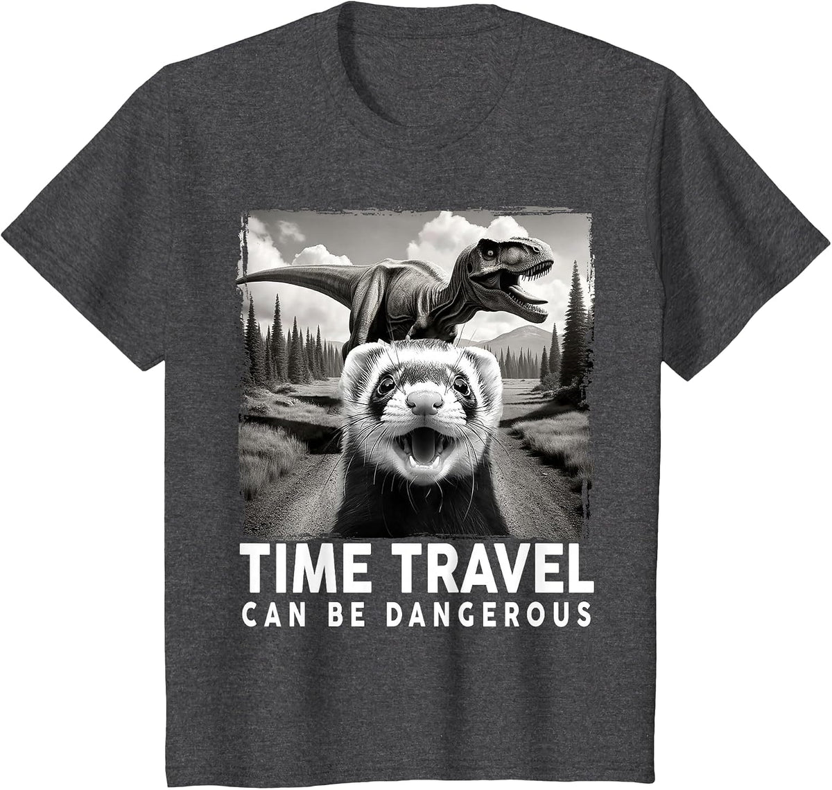 Ferret Selfie with Dinosaur, Time Travel Can Be Dangerous T-Shirt - Dark Heather Grey