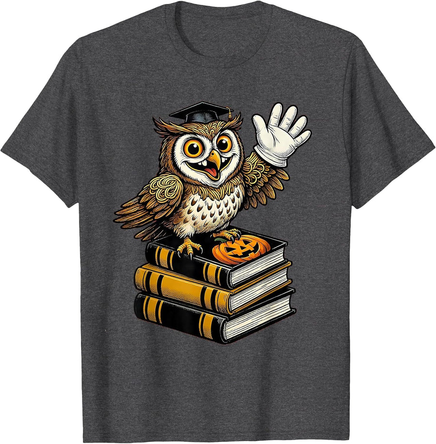 Men's Halloween Owl on Textbooks Teacher Design T-Shirt - Dark Heather Grey