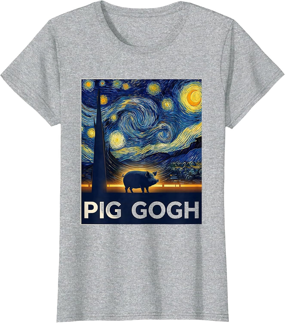 Women's Pig Gogh Flat Vector Art Parody Pet Lover Gift T-Shirt - Heather Grey
