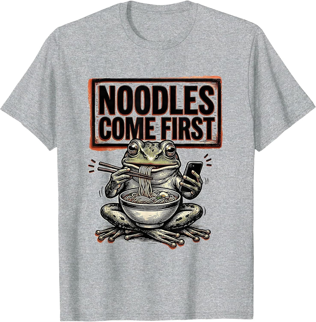 Men's Noodles Come First Funny Grumpy Frog Japanese Art Ramen T-Shirt - Heather Grey