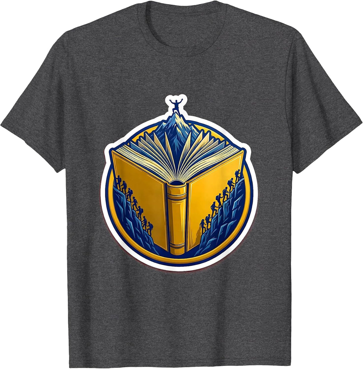 Men's Open Book Tiny People Climbing Pages Teacher Tee T-Shirt - Dark Heather Grey