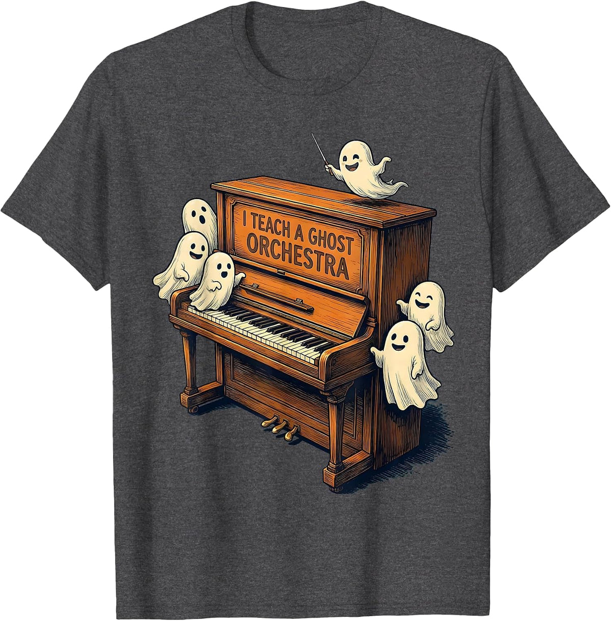 I Teach A Ghost Orchestra Funny Music Teacher Halloween T-Shirt - Dark Heather Grey