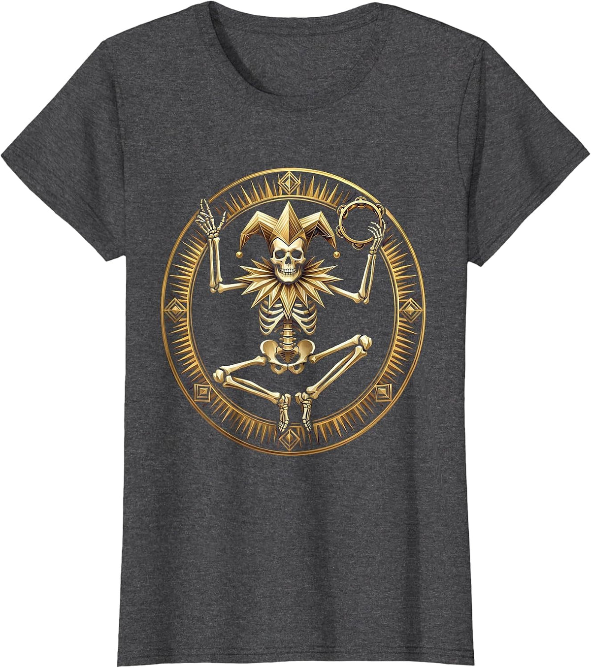 Women's Skeletal Jester Mardi Gras Dancing Tambourine T-Shirt - Dark Heather Grey