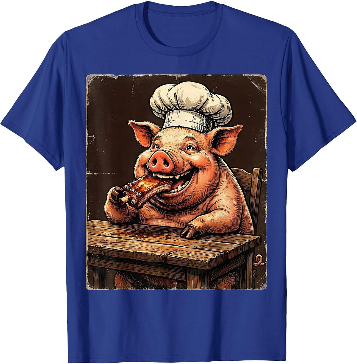 Men's Funny Pig Chef Eating Ribs BBQ Humor Graphic T-Shirt - Royal Blue