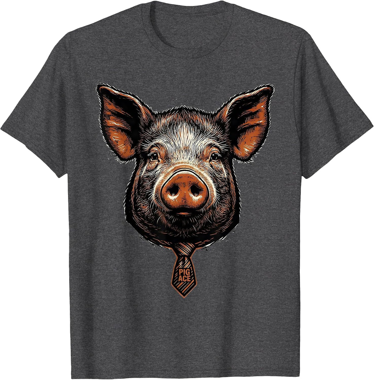 Pig Ace Funny Farm Animal Linocut Graphic Humor T-Shirt - Dark Heather Grey
