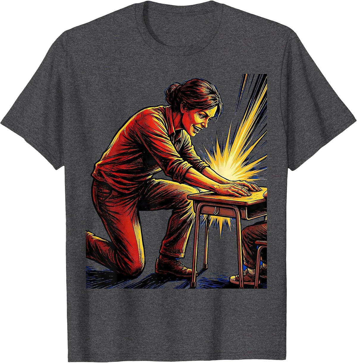 Men's SPED Teacher Kneeling at Student Desk Illustration T-Shirt - Dark Heather Grey