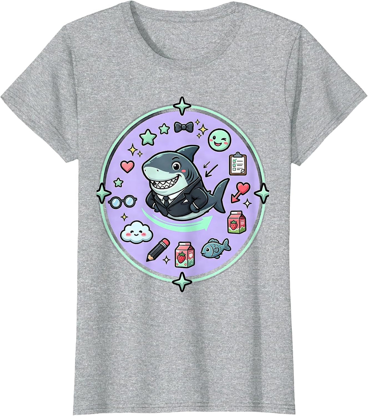 Women's Charming Shark in a Blazer Illustration T-Shirt - Heather Grey