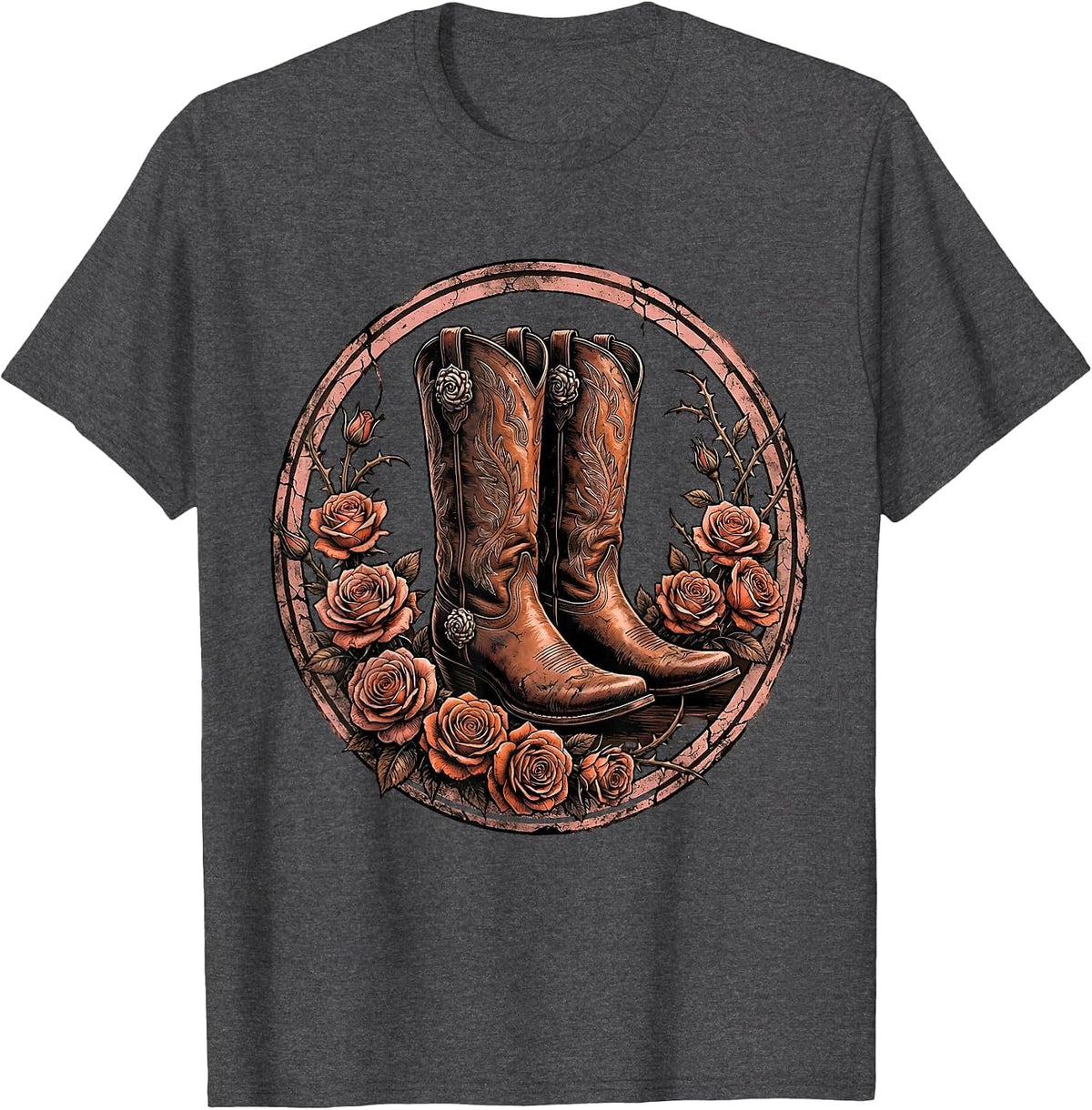 Cowgirl Boots Spurs and Roses Rodeo Design T-Shirt - Dark Heather Grey