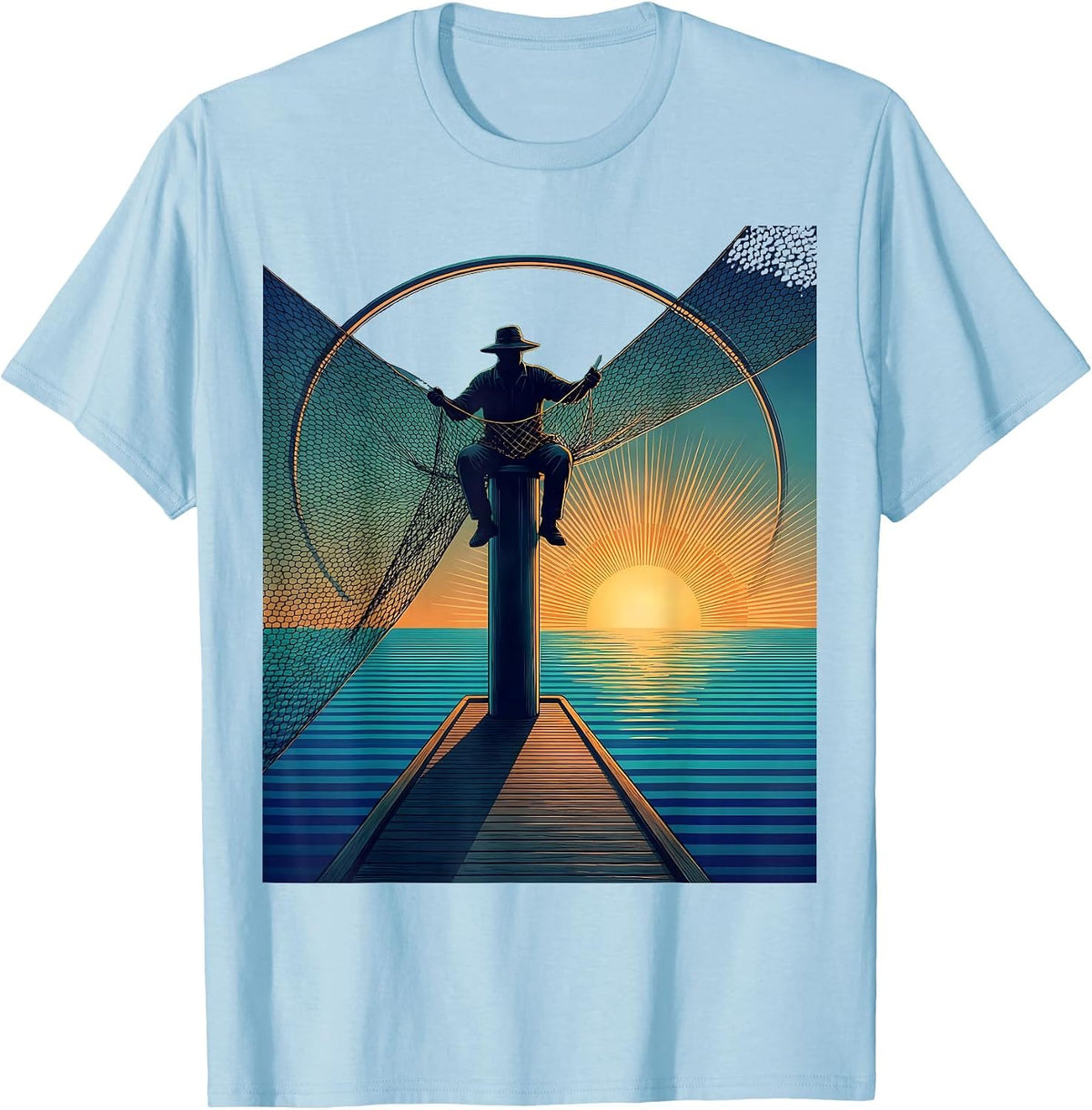 Men's Puerto Rico Fisherman Mending Nets Coastal Art T-Shirt - Baby Blue