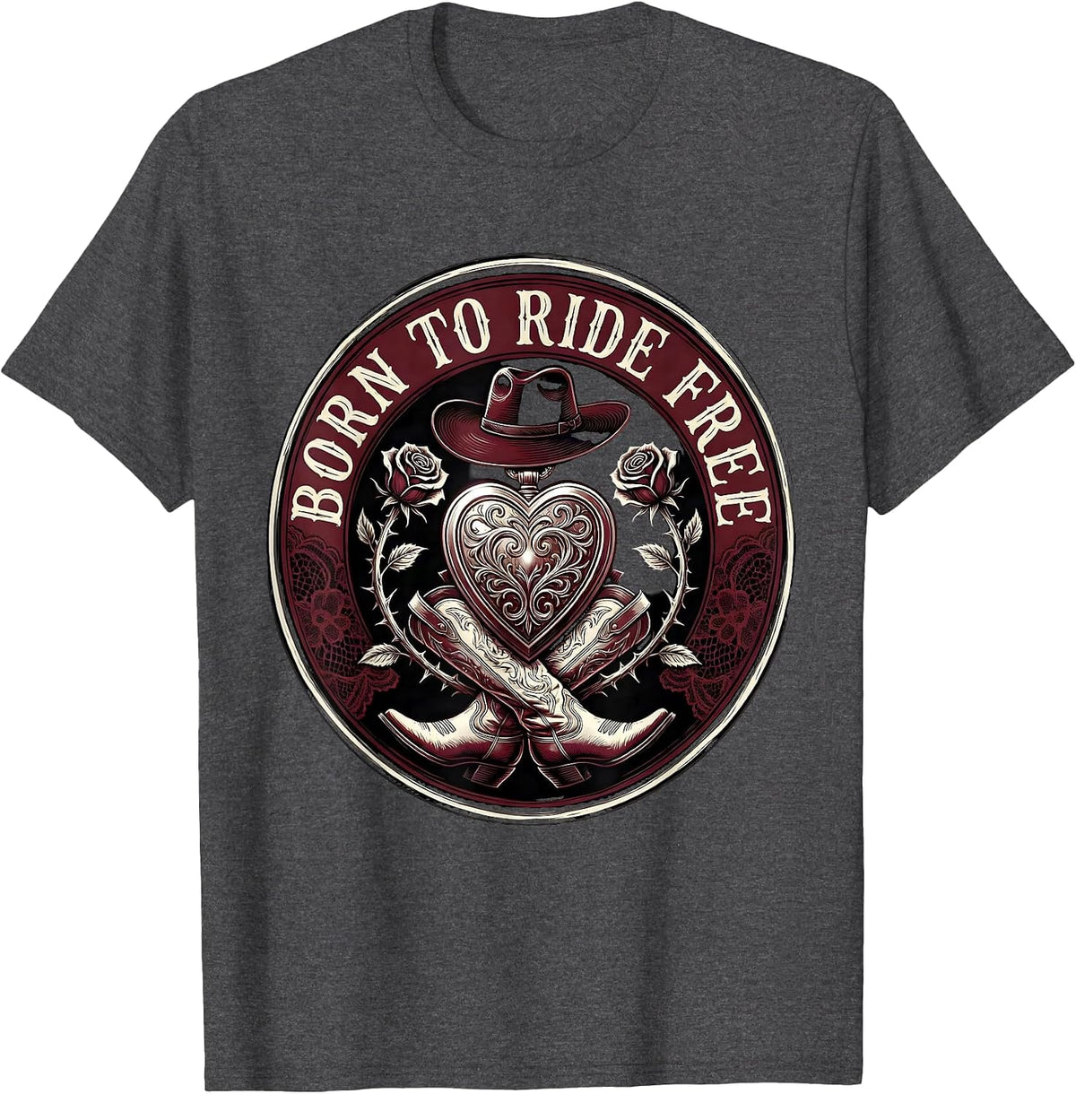 Men's Born to Ride Free Rodeo Cowgirl Design T-Shirt - Dark Heather Grey