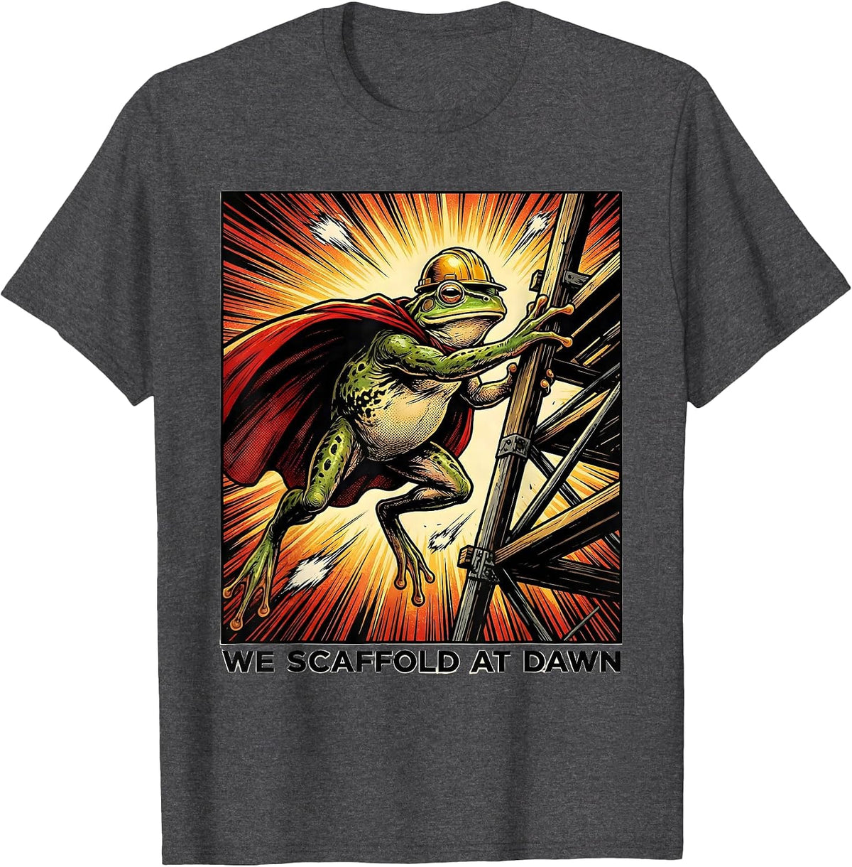 Men's We Scaffold At Dawn Funny Frog Teacher Comic Book T-Shirt - Dark Heather Grey