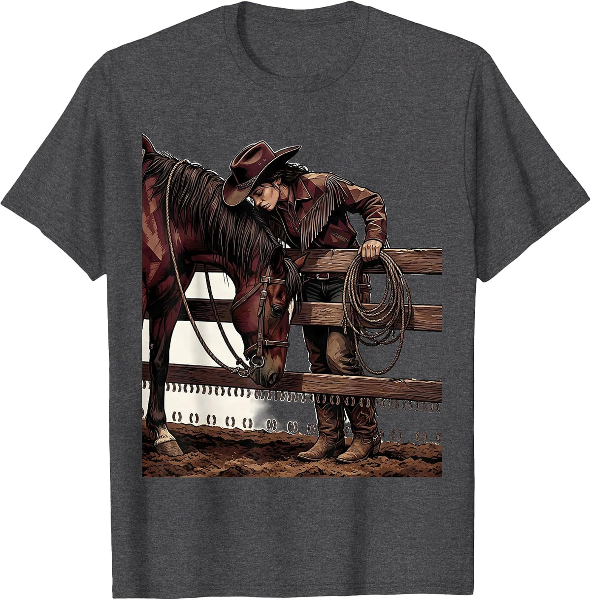 Men's Black Cowgirl Horse Rodeo Pride Western Pride Illustration T-Shirt - Dark Heather Grey