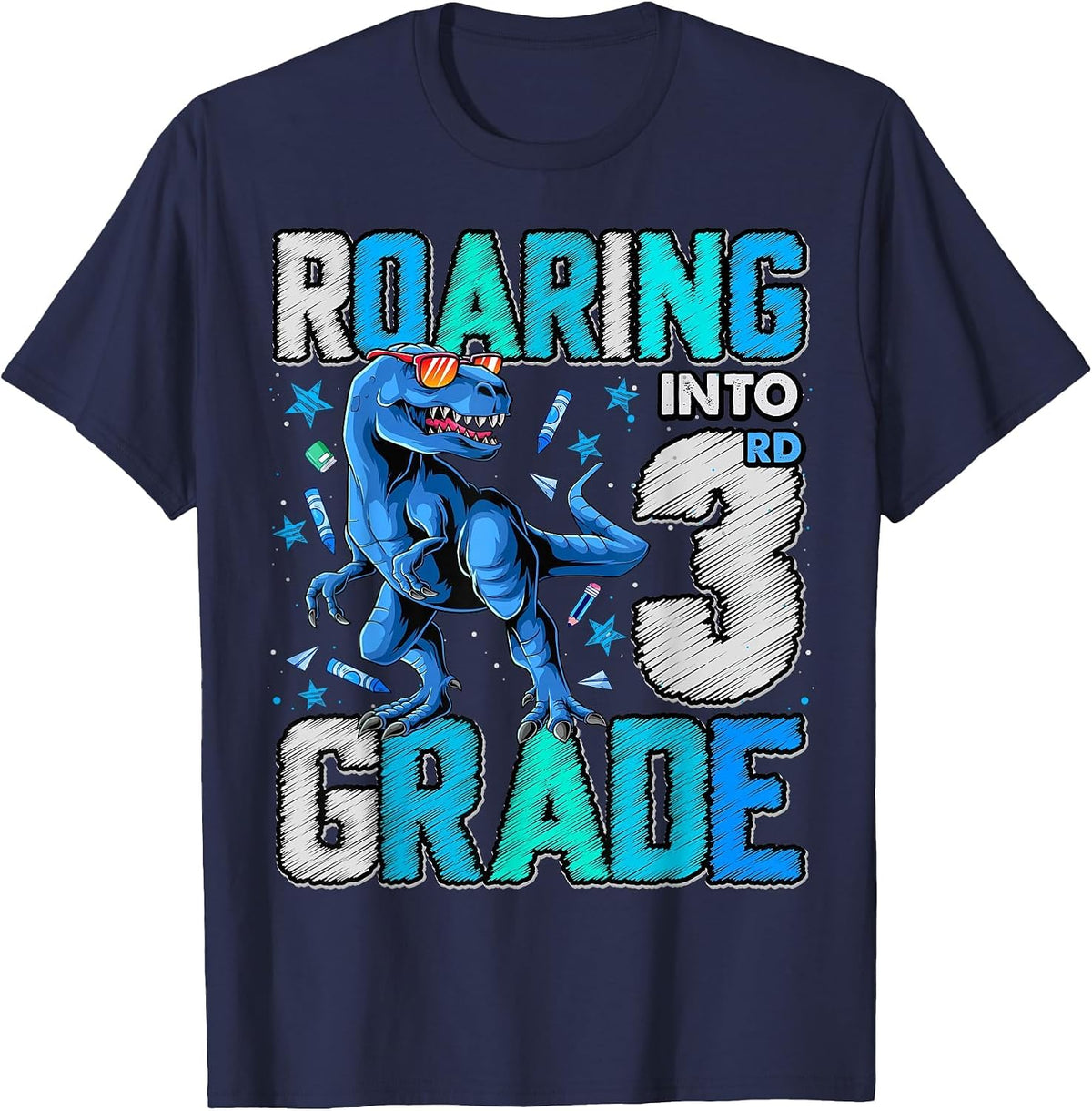 Roaring Into 3rd Grade Dinosaur T Rex Back to School Boys T-Shirt - Navy Blue