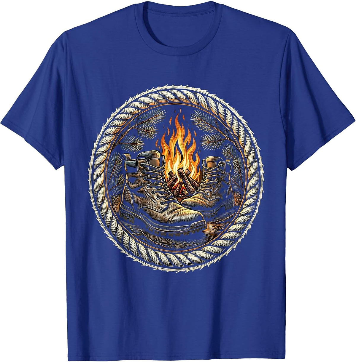 Men's Hunting Boots Campfire Illustration Hunting Design T-Shirt - Royal Blue