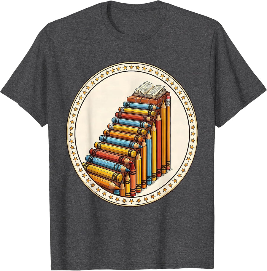 Men's Special Education Crayon Pencil Staircase Design T-Shirt - Dark Heather Grey