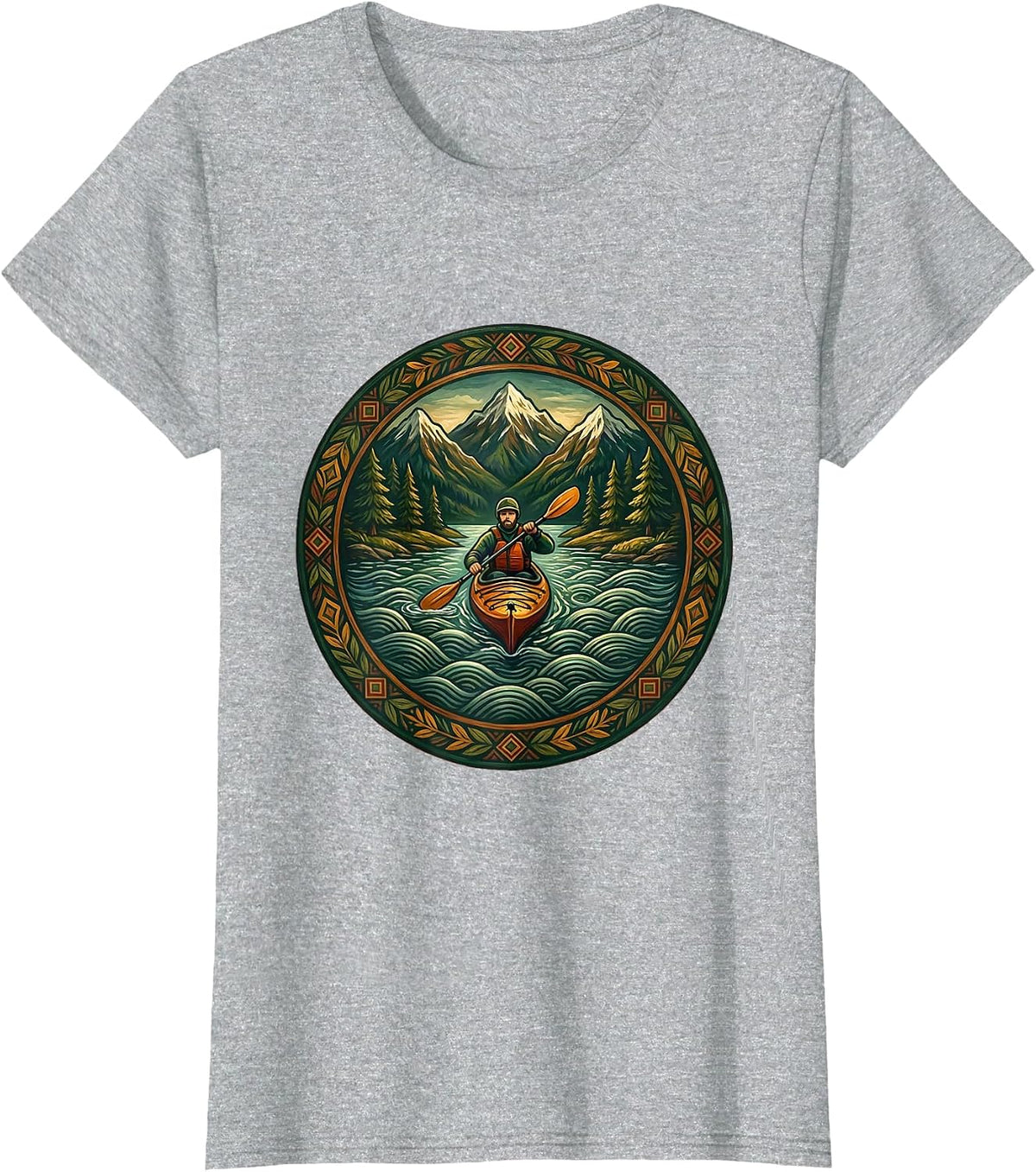 Kayak Fishing Mountain Scenery Graphic T-Shirt - Heather Grey